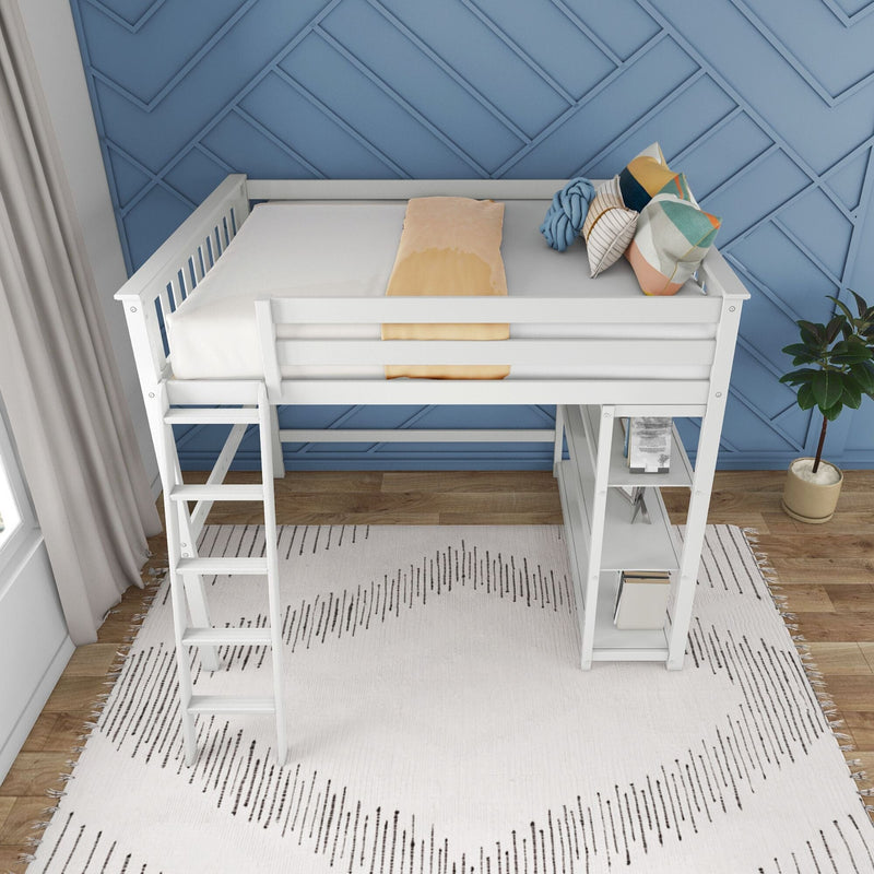 White loft bed with ladder in modern kids' bedroom featuring blue geometric accent wall, colorful pillows, potted plant and textured rug