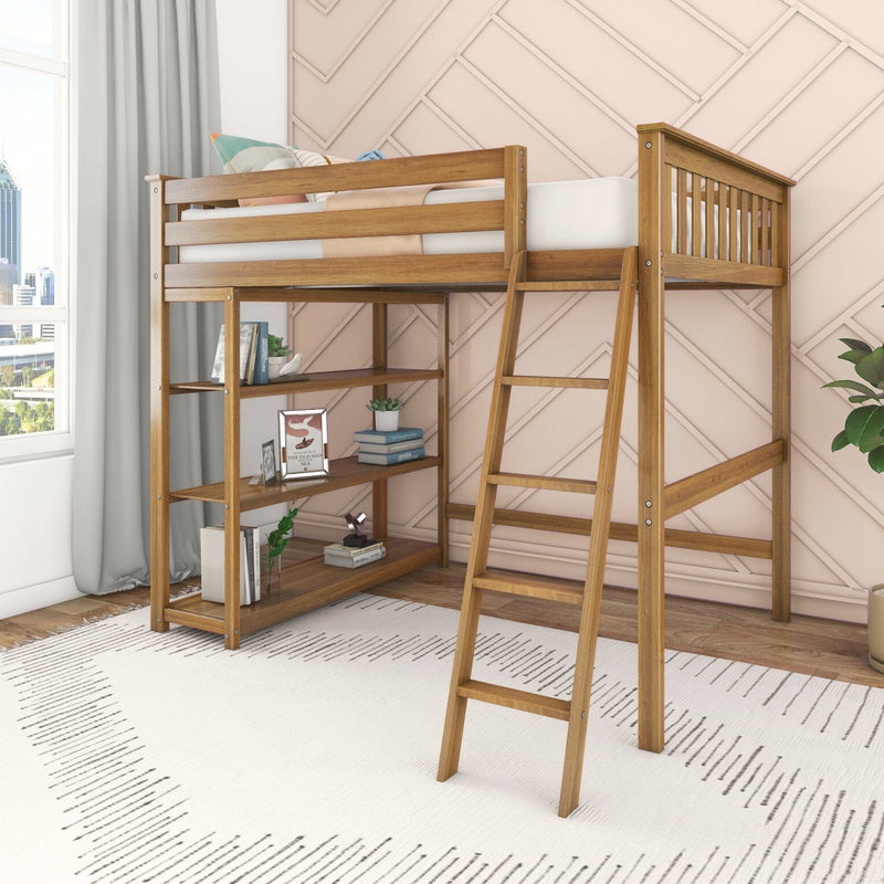 Space-saving natural wood loft bed with ladder and built-in shelves, mattress and decorative pillows in a modern kids' bedroom with pink geometric accent wall and window