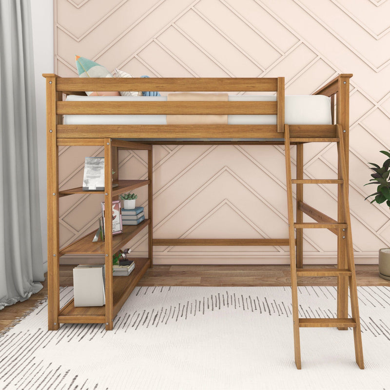 Wooden loft bed with built-in shelving and ladder in a modern children's bedroom featuring a pastel pink geometric accent wall, white rug, and decorative pillows
