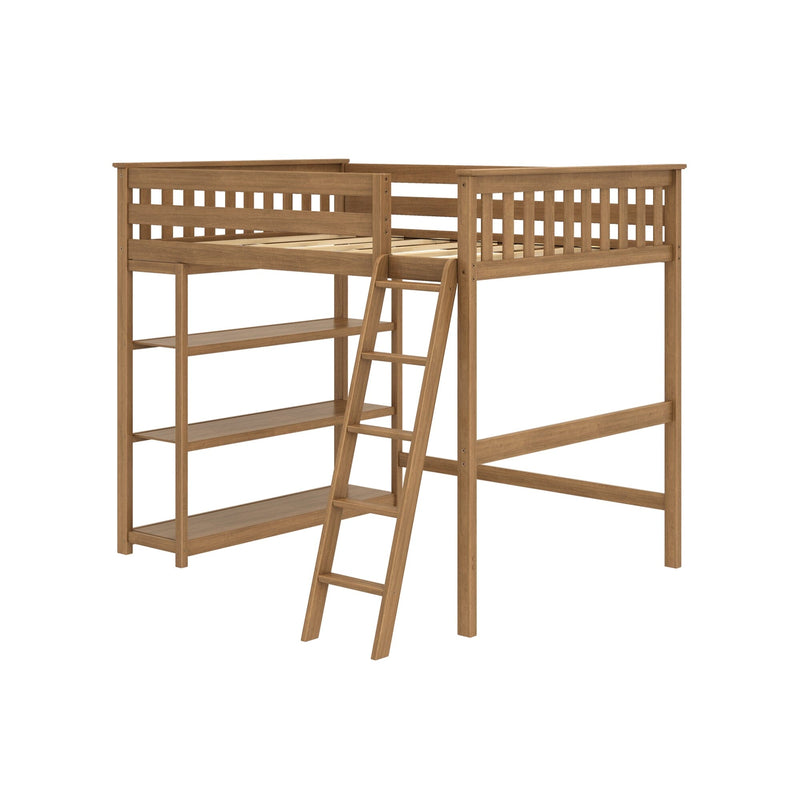 Space-saving wooden loft bed with ladder, built-in shelves and slatted guardrails in natural wood finish for kids' bedroom.