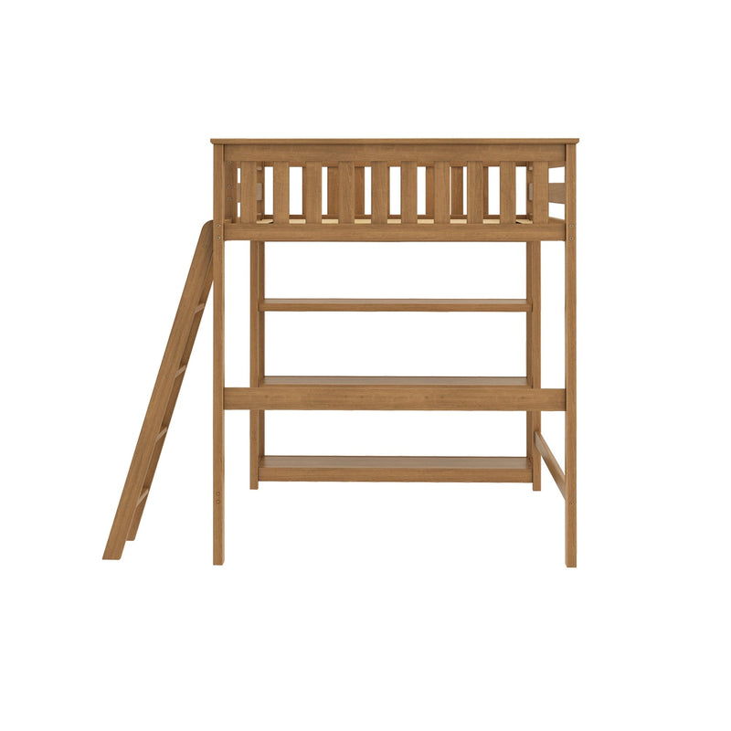 Natural oak wooden loft bed frame with ladder and slatted guardrail, elevated solid-wood kids bed with open storage space underneath