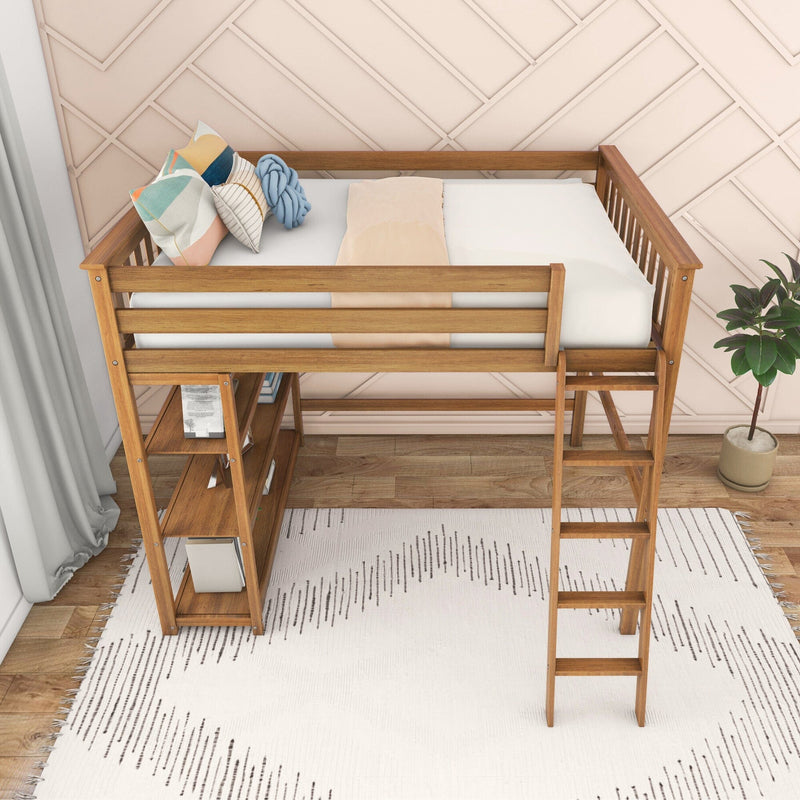 Wooden loft bed with ladder, built-in shelves and colorful pillows against a blush geometric accent wall in a modern kids' room