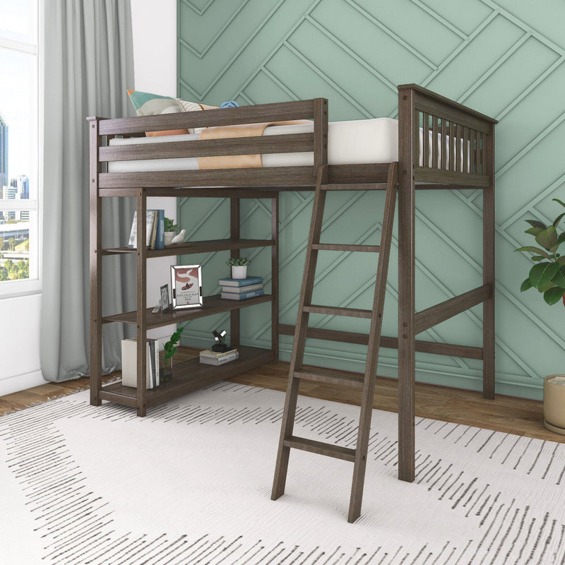 Dark wood loft bed with ladder and built-in shelving set against a mint green geometric accent wall in a modern bedroom with decorative pillows, potted plant and large window