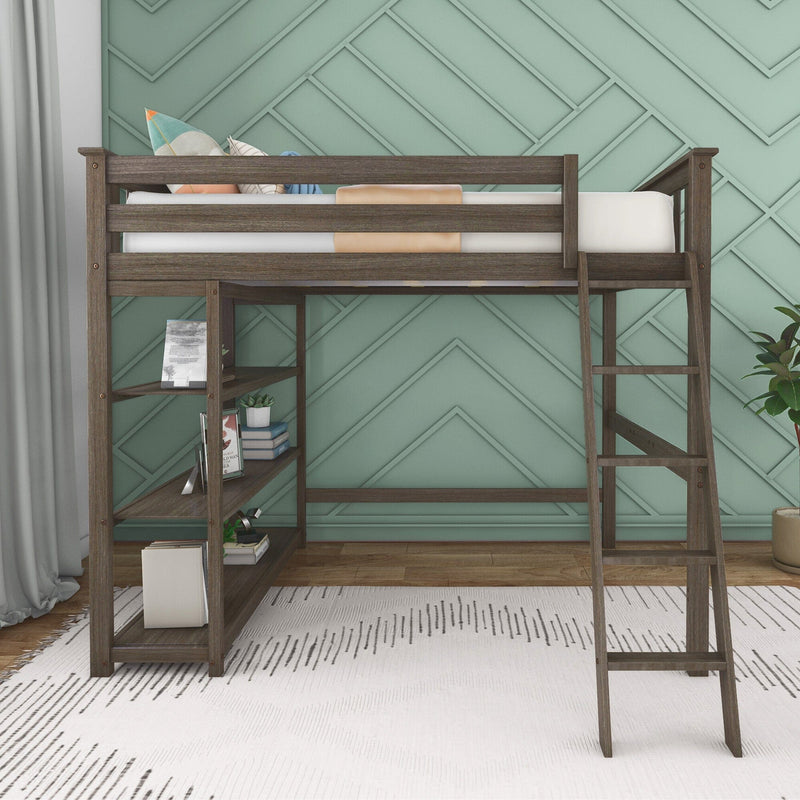 Dark wood loft bed with ladder and built-in shelves against a mint green geometric accent wall, styled with pillows, books and plants for a modern kids' bedroom storage solution