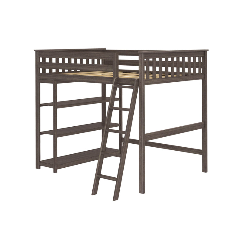 Twin loft bed frame with ladder and built-in shelves in dark gray oak finish — space-saving wooden loft bed for kids' bedroom, modern rustic design