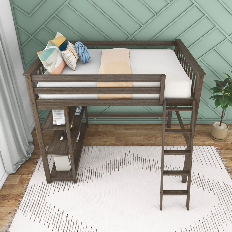 Dark wood children's loft bed with ladder and built-in shelves, white mattress and pastel pillows against a mint green geometric accent wall in a modern kids' bedroom