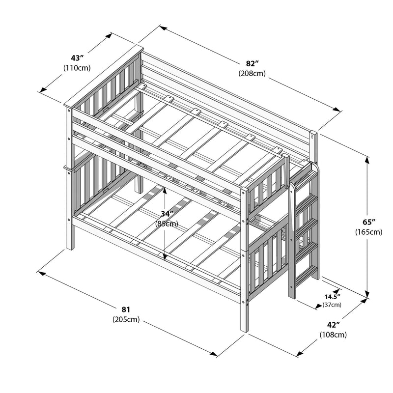 Isometric blueprint of wooden twin-over-full bunk bed frame with ladder and guardrail, labeled measurements in inches and cm (81–82"/205–208cm length, 42"/108cm width, 65"/165cm height).
