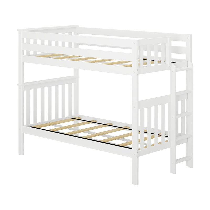White wooden twin-over-full bunk bed frame with ladder and slatted mattress supports for children's bedroom