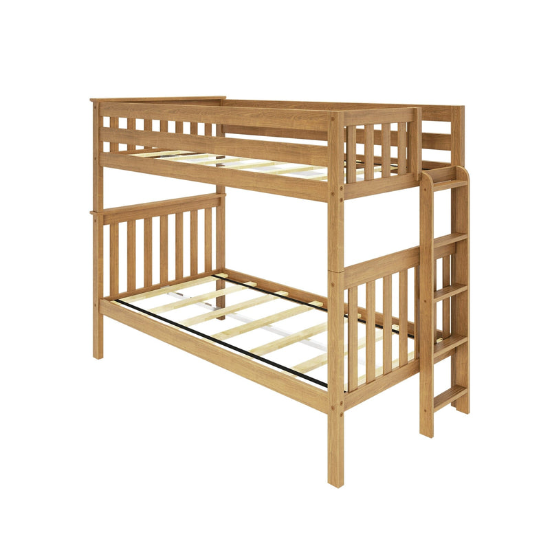Solid wood twin-over-twin bunk bed with ladder and slatted guardrails in natural oak finish, space-saving design