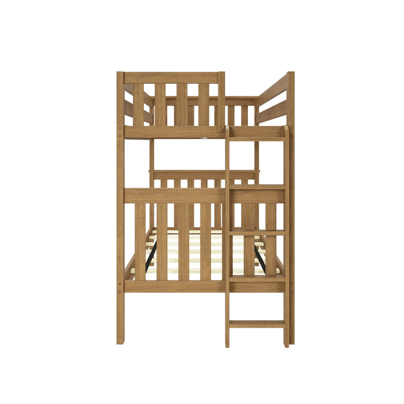 Solid wood twin-over-twin bunk bed with slatted guardrails and ladder in natural oak finish for kids' bedroom