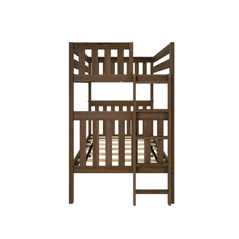 Brown wooden twin-over-twin bunk bed with ladder, slatted guardrails and rustic finish for kids' bedroom