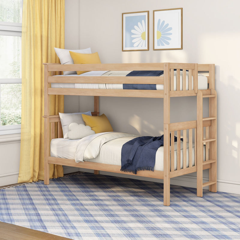 Light wood bunk bed in modern kids bedroom with yellow curtains, blue plaid rug, navy throw and daisy wall art