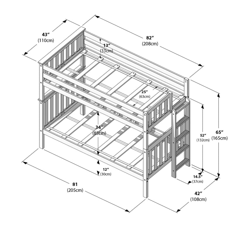 Wooden twin-over-full bunk bed technical drawing with bunk bed dimensions, ladder, guardrails, slatted mattress supports and measurements in inches and centimeters