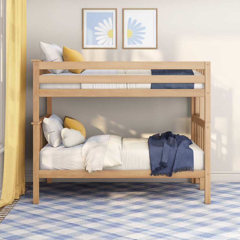 Natural solid wood kids bunk bed with yellow and blue bedding, daisy wall art and modern children's bedroom decor