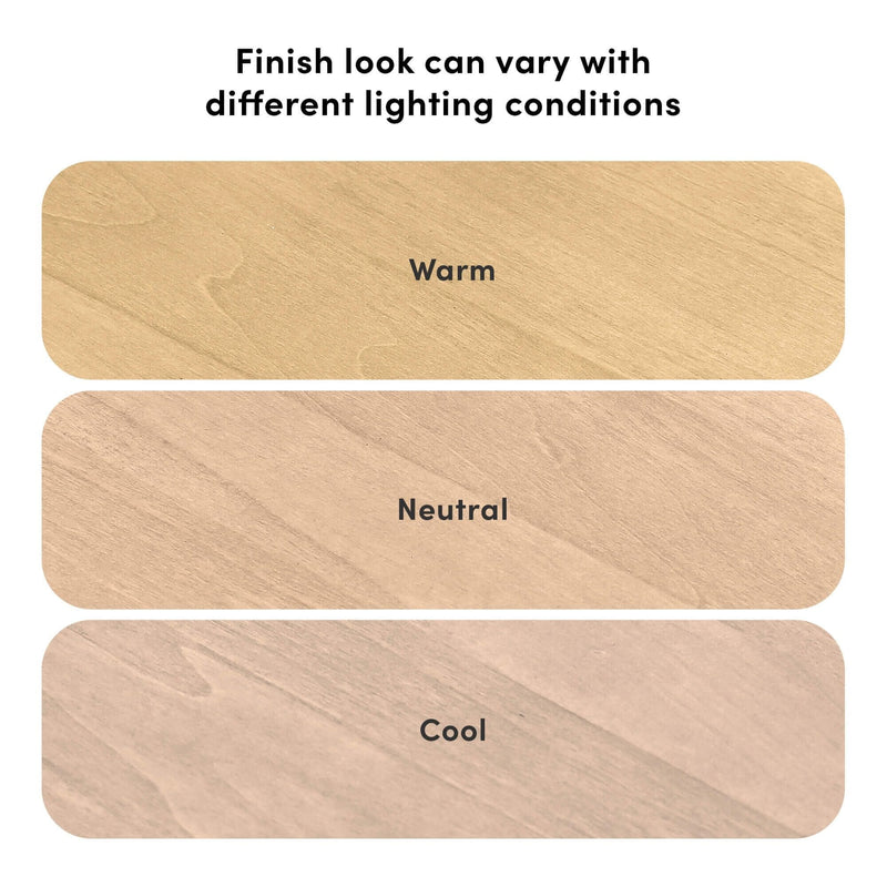 Wood flooring finish samples labeled "Warm", "Neutral" and "Cool" showing how wood color and finish vary under different lighting conditions