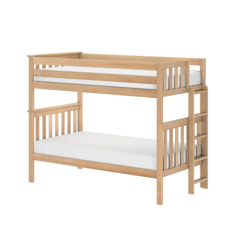 Light natural wood bunk bed with side ladder, slatted guardrails and white mattresses, modern space-saving kids bedroom loft-style wooden bunk bed on white background
