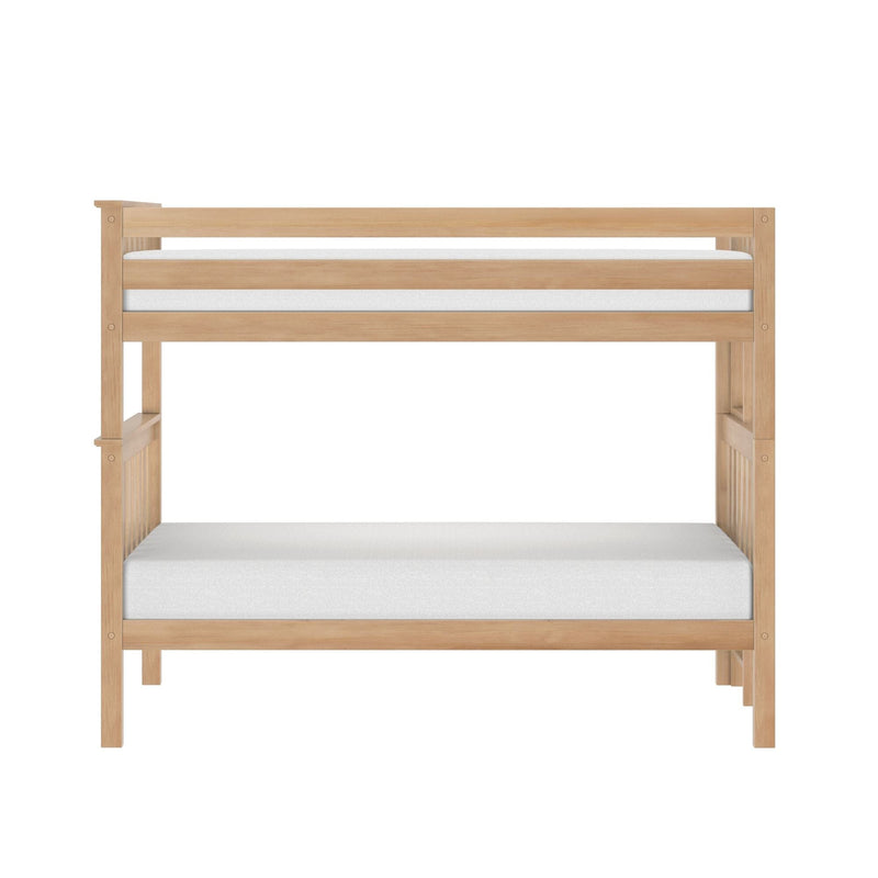 Light oak wooden twin bunk bed frame with white mattresses and slatted safety rails, minimalist modern design for kids' bedroom