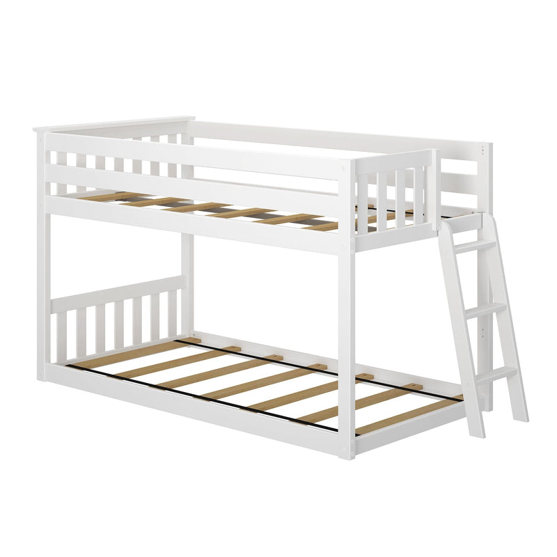 White wooden bunk bed frame, twin-over-full loft bed with guard rails, angled ladder and slatted mattress support for kids' bedroom