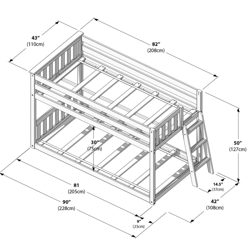 Isometric diagram of a wooden bunk bed frame with ladder and slatted rails showing detailed bunk bed dimensions and measurements in inches and cm (e.g., 82″, 90″, 43″)