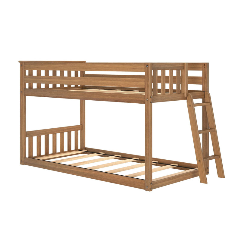 Two-tier natural wood bunk bed frame with ladder, slatted headboards and guardrails, exposed mattress slats — space-saving kids loft bed