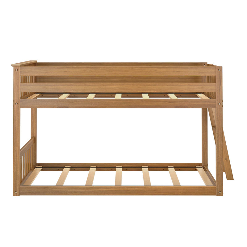 Light wood bunk bed frame with guardrail and wooden slat mattress support, loft-style bedroom furniture