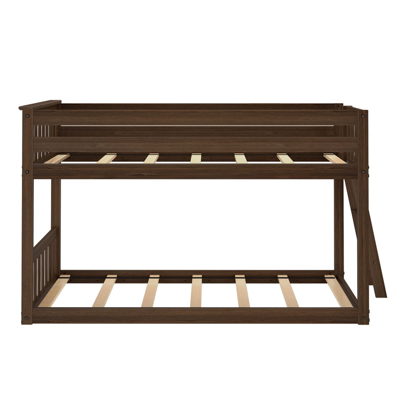 Dark walnut wooden loft-style bunk bed frame with slatted base, guardrails and ladder — modern space-saving bedroom furniture