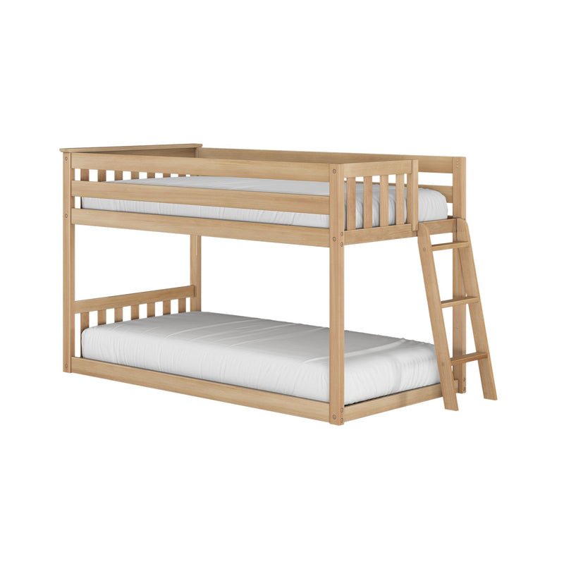 Natural wood twin-over-twin bunk bed with angled ladder, slatted guardrails and solid wooden frame shown with white mattresses for kids' bedroom or guest room