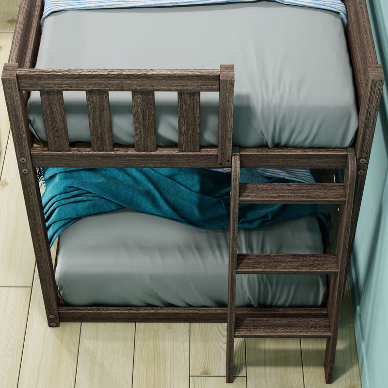 Top view of rustic wooden bunk bed with ladder, teal blanket, light gray mattress and striped pillow on hardwood floor