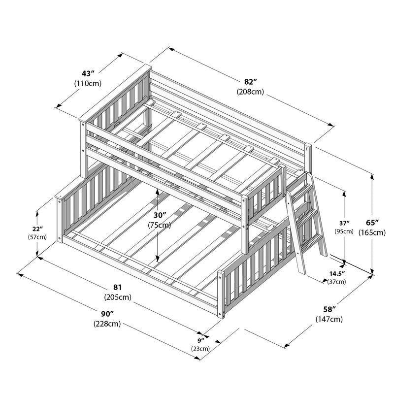 Wooden bunk bed frame assembly diagram with measurements in inches and centimeters showing ladder, guardrails, slatted mattress supports and overall dimensions