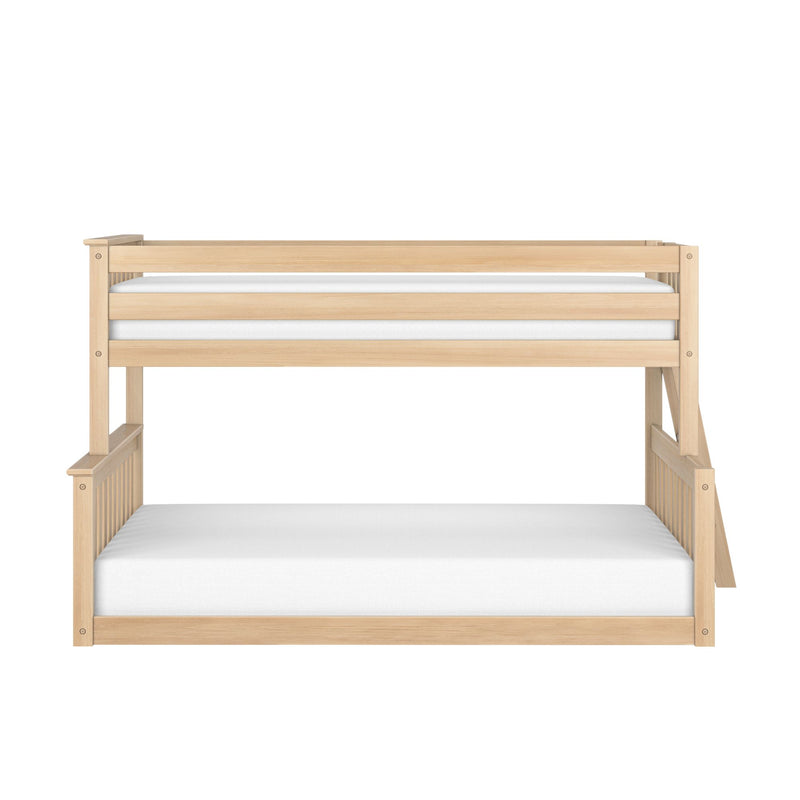 Natural wood top bunk bed with slatted guardrail and white mattress, modern twin bunk frame for kids' bedroom