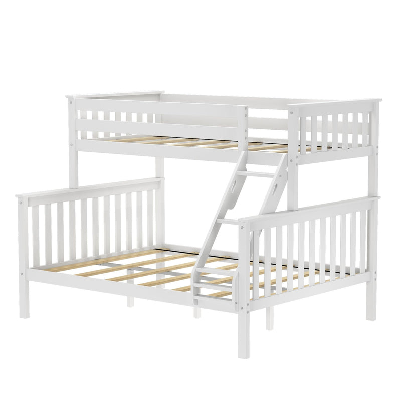 White wooden bunk bed frame with ladder, slatted guardrails and wooden slat mattress supports