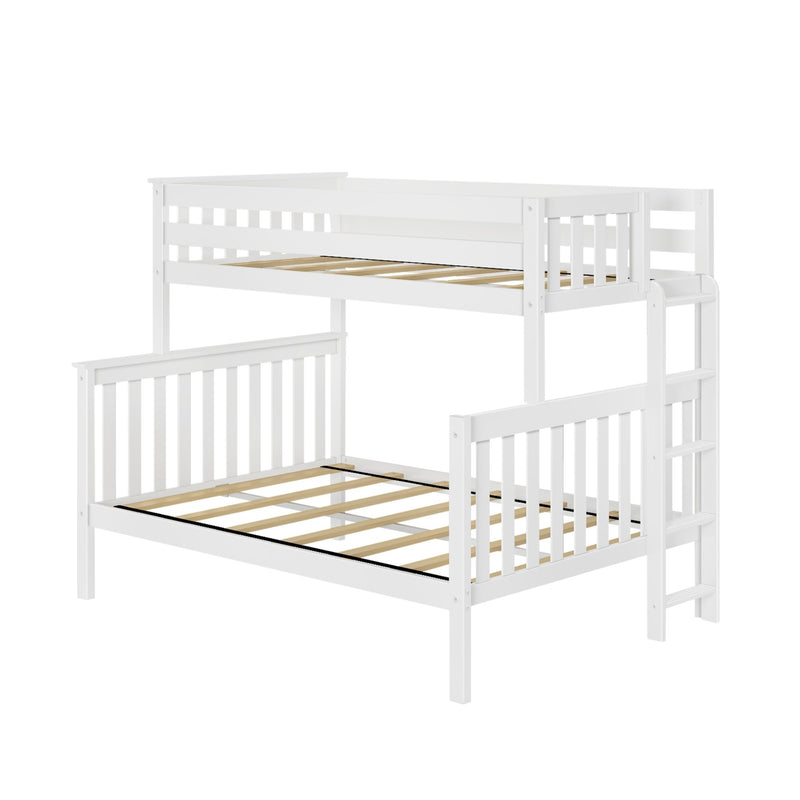 White wooden twin-over-full bunk bed frame with ladder and slatted guardrails, space-saving children's loft bed with wooden slats