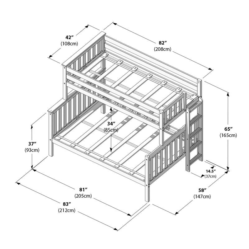 Isometric bunk bed dimensions diagram: wooden bunk bed frame with ladder and guardrails, labeled measurements in inches and centimeters for assembly