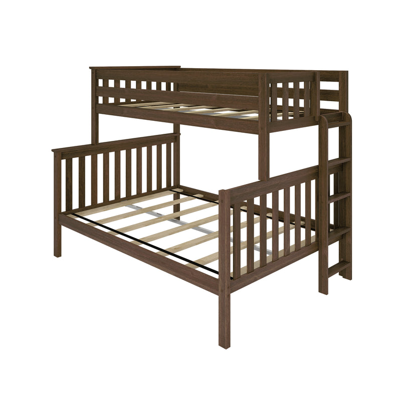 Dark brown wooden twin-over-full bunk bed frame with ladder, slatted headboards and sturdy mattress slats, farmhouse style