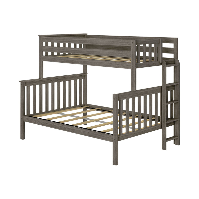 Gray wood twin-over-full bunk bed with ladder, guardrails and slatted mattress supports — space-saving kids' bedroom furniture