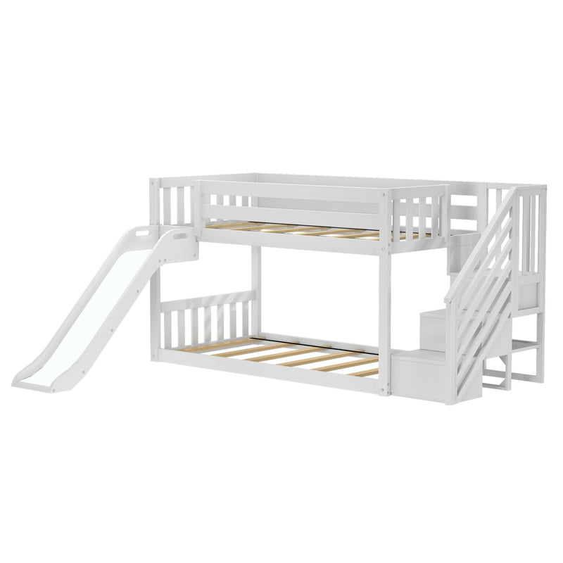 White wooden loft bunk bed with slide, built-in staircase storage and slatted mattress platforms, modern kids' bedroom furniture