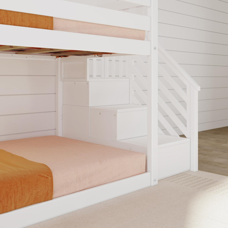 White loft bunk bed with built-in storage stairs, beige mattress and shiplap wall in a space-saving kids bedroom