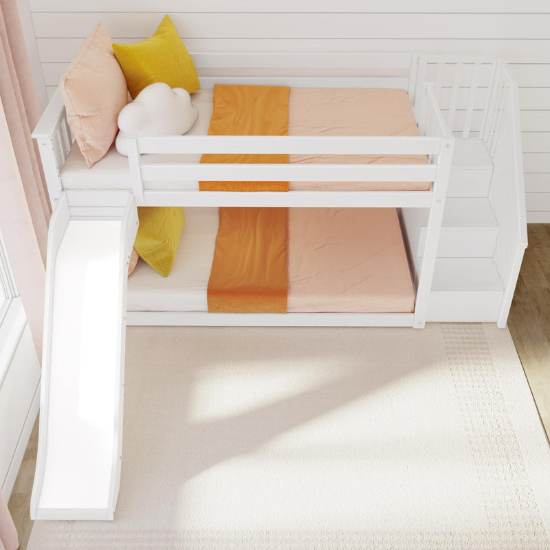 Twin Over Twin Low Bunk Bed With Slide & Stairs