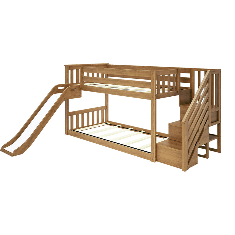Twin Over Twin Low Bunk Bed With Slide & Stairs