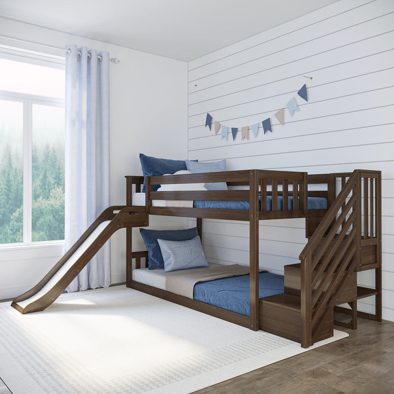 Twin Over Twin Low Bunk Bed With Slide & Stairs