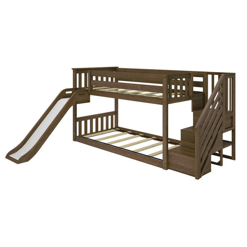 Dark brown solid wood bunk bed with slide and built-in staircase storage, twin-over-full loft bed frame for kids' bedroom
