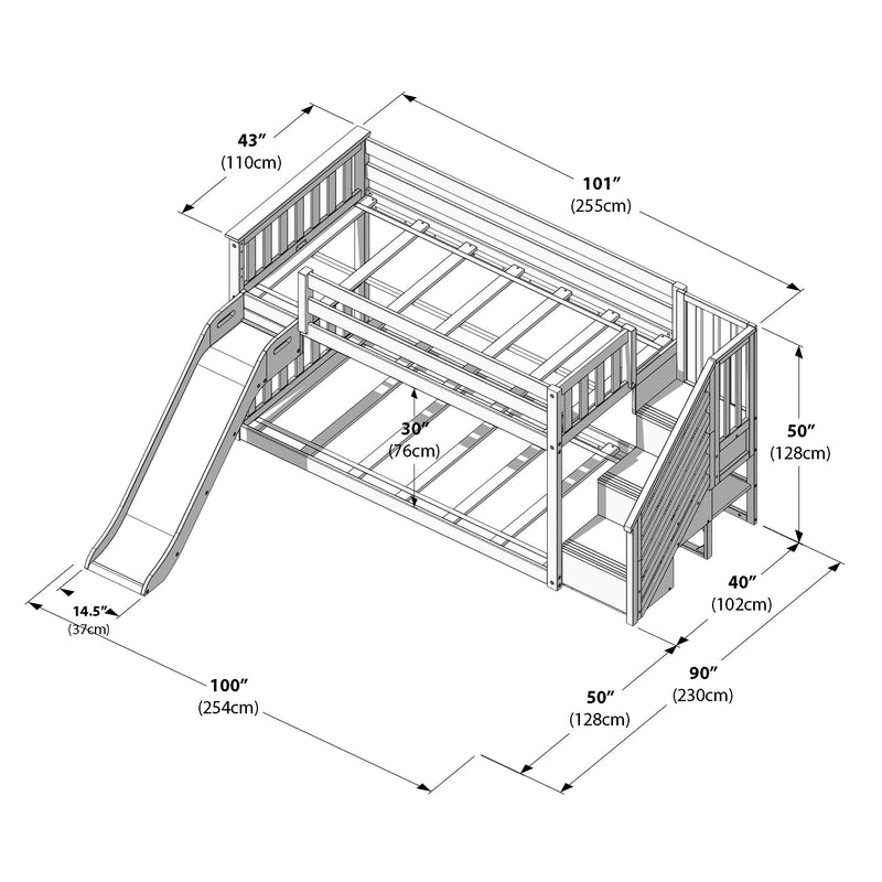 Assembly diagram of wooden kids loft bed with slide, guardrails and ladder showing detailed measurements in inches (cm) including 101" (255cm), 100" (254cm), 90" (230cm), 50" (128cm), 43" (110cm), 40" (102cm), 30" (76cm) and 14.5" (37cm)