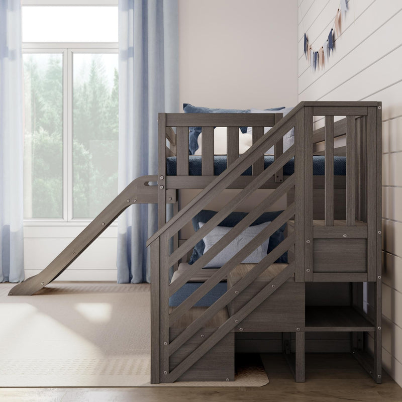 Twin Over Twin Low Bunk Bed With Slide & Stairs