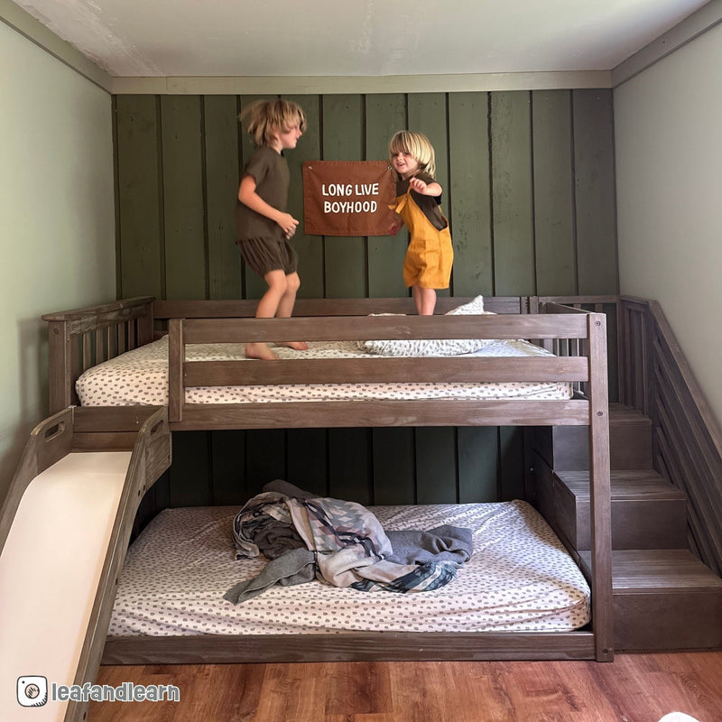 Twin Over Twin Low Bunk Bed With Slide & Stairs
