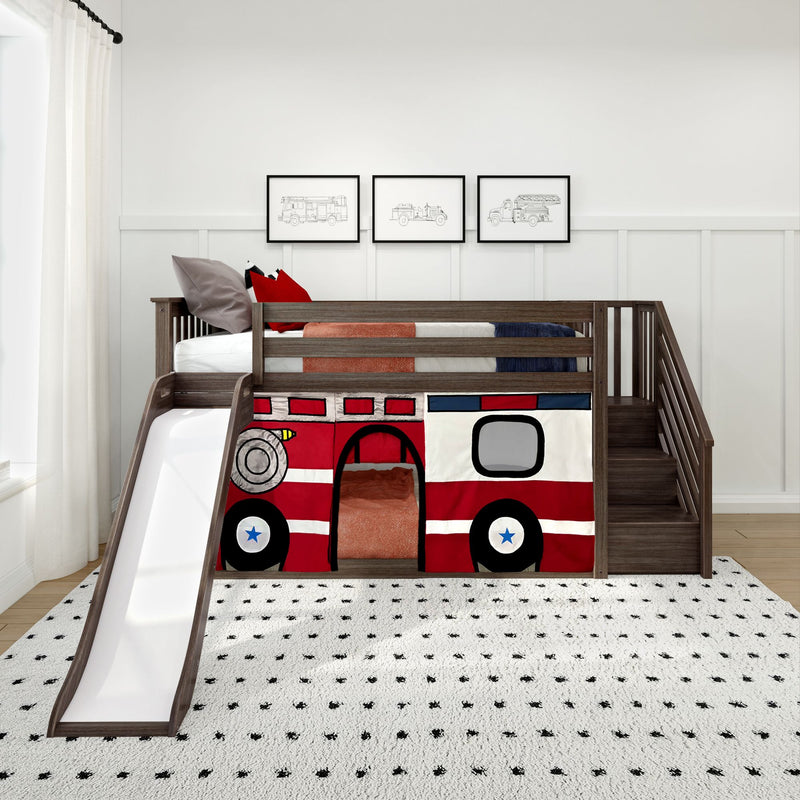 Twin Over Twin Low Bunk Bed with Stairs, Slide, & Firetruck Curtain