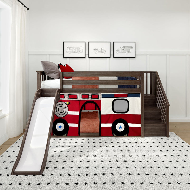 Twin Over Twin Low Bunk Bed with Stairs, Slide, & Firetruck Curtain