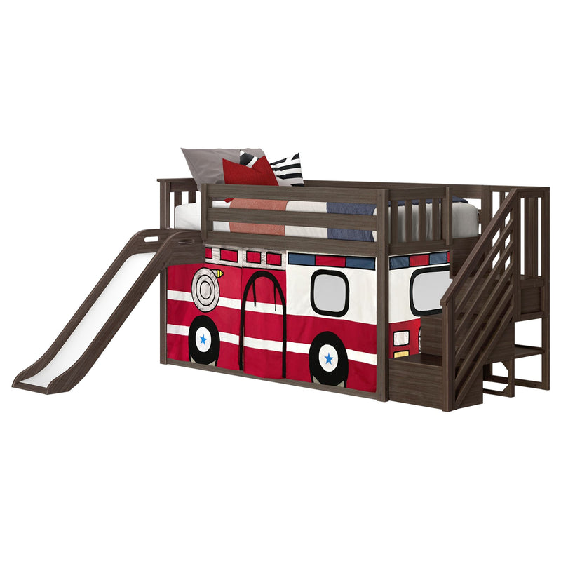 Kids loft bed with slide and staircase in dark walnut, twin mattress with red and striped pillows and red fire-truck play tent panel underneath.