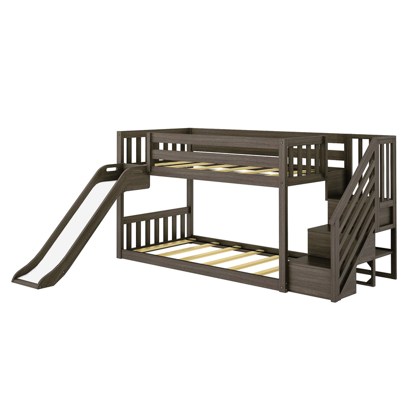 Twin Over Twin Low Bunk Bed with Stairs, Slide, & Firetruck Curtain