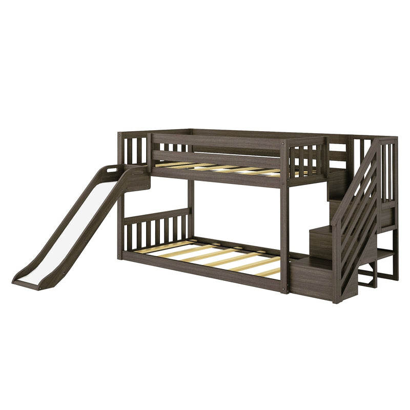 Twin Over Twin Low Bunk Bed with Stairs, Slide, & Firetruck Curtain