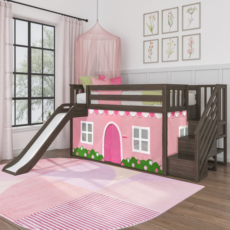 Twin Over Twin Low Bunk Bed with Stairs, Slide, & Pink & White Farmhouse Curtain